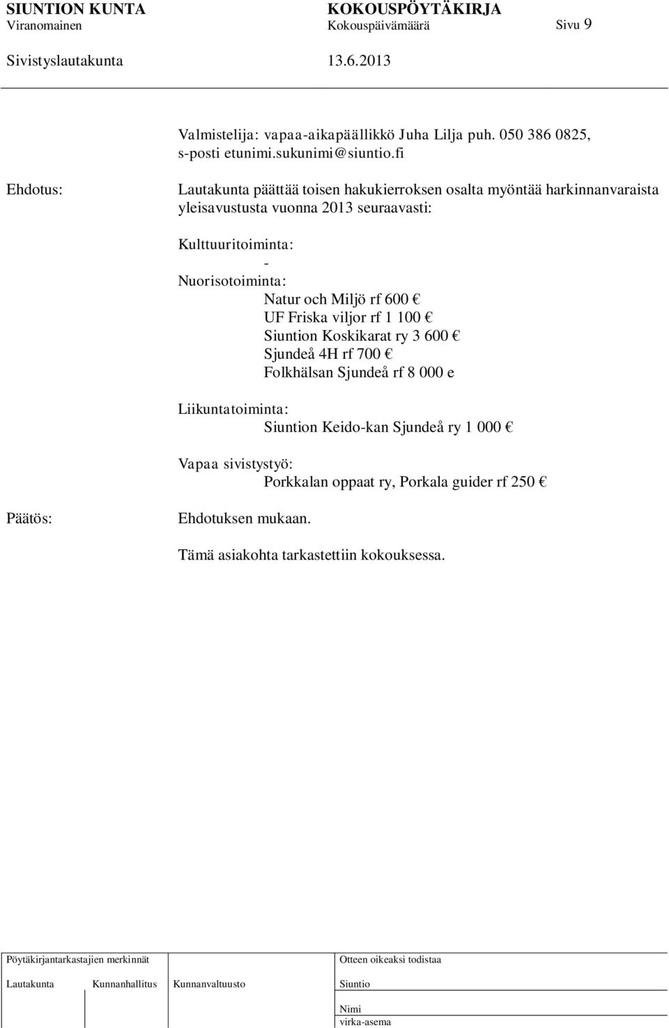Kulttuuritoiminta: - Nuorisotoiminta: Natur och Miljö rf 600 UF Friska viljor rf 1 100 n Koskikarat ry 3 600 Sjundeå 4H rf 700 Folkhälsan