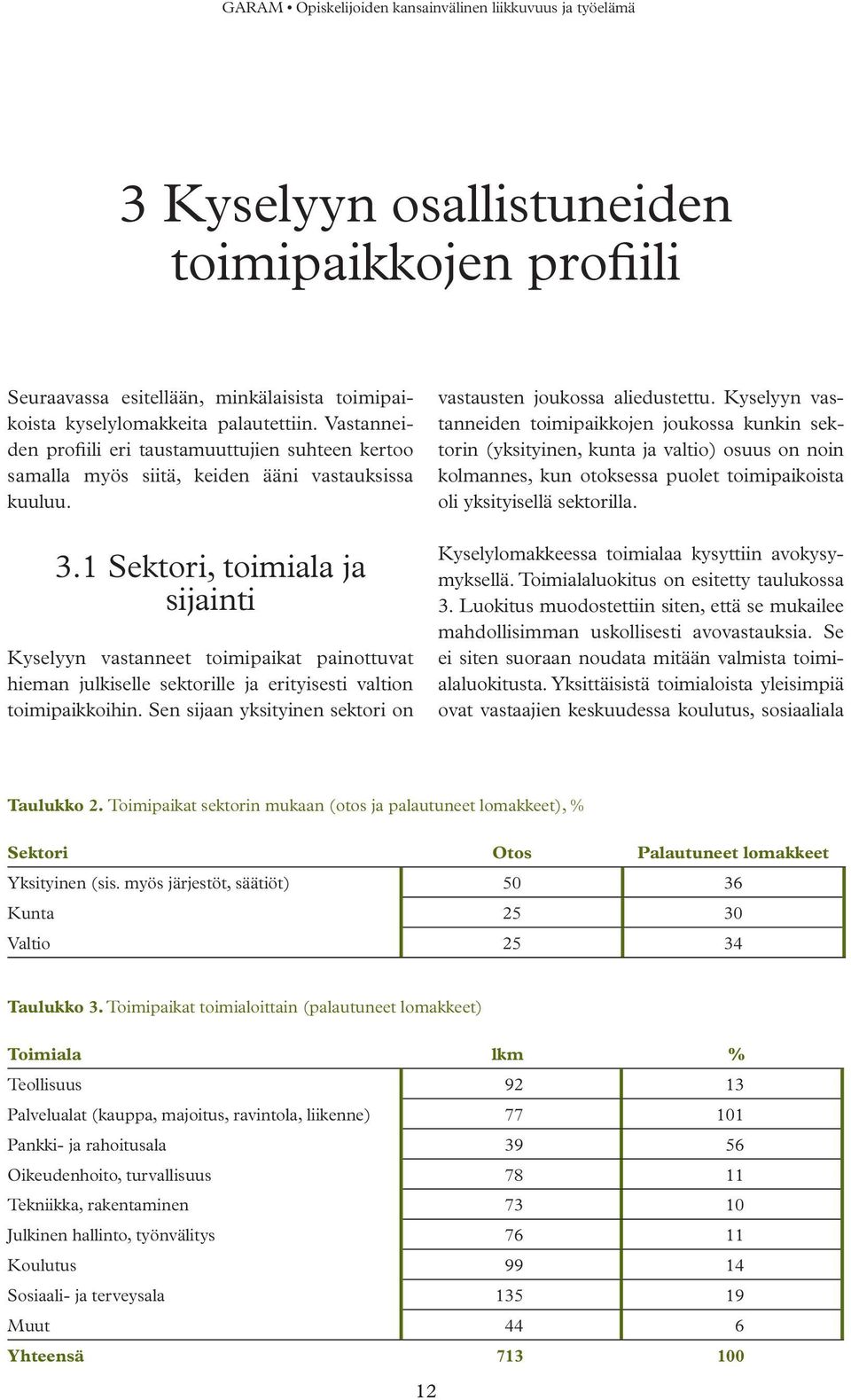 1 Sektori, toimiala ja sijainti Kyselyyn vastanneet toimipaikat painottuvat hieman julkiselle sektorille ja erityisesti valtion toimipaikkoihin.