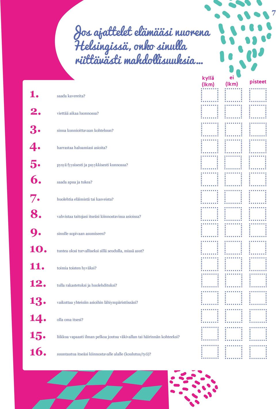 vahvistaa taitojasi itseäsi kiinnostavissa asioissa? 9. sinulle sopivaan asumiseen? 10. tuntea olosi turvalliseksi sillä seudulla, missä asut? 11. toimia toisten hyväksi? 12.