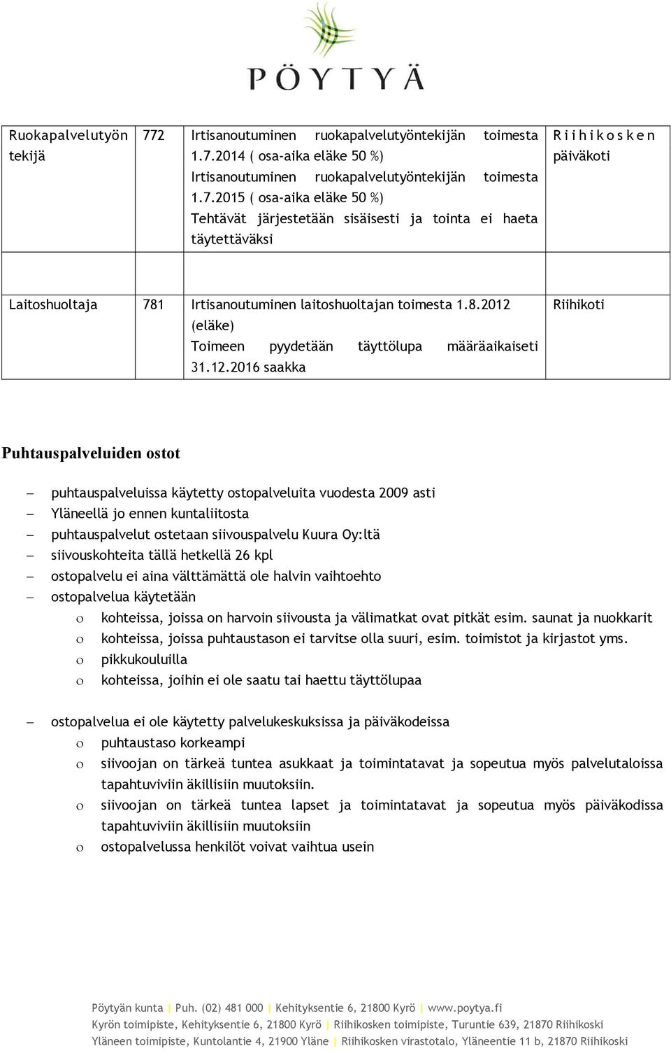 2014 ( osa-aika eläke 50 %) Irtisanoutuminen ruokapalvelutyönn toimesta 1.7.