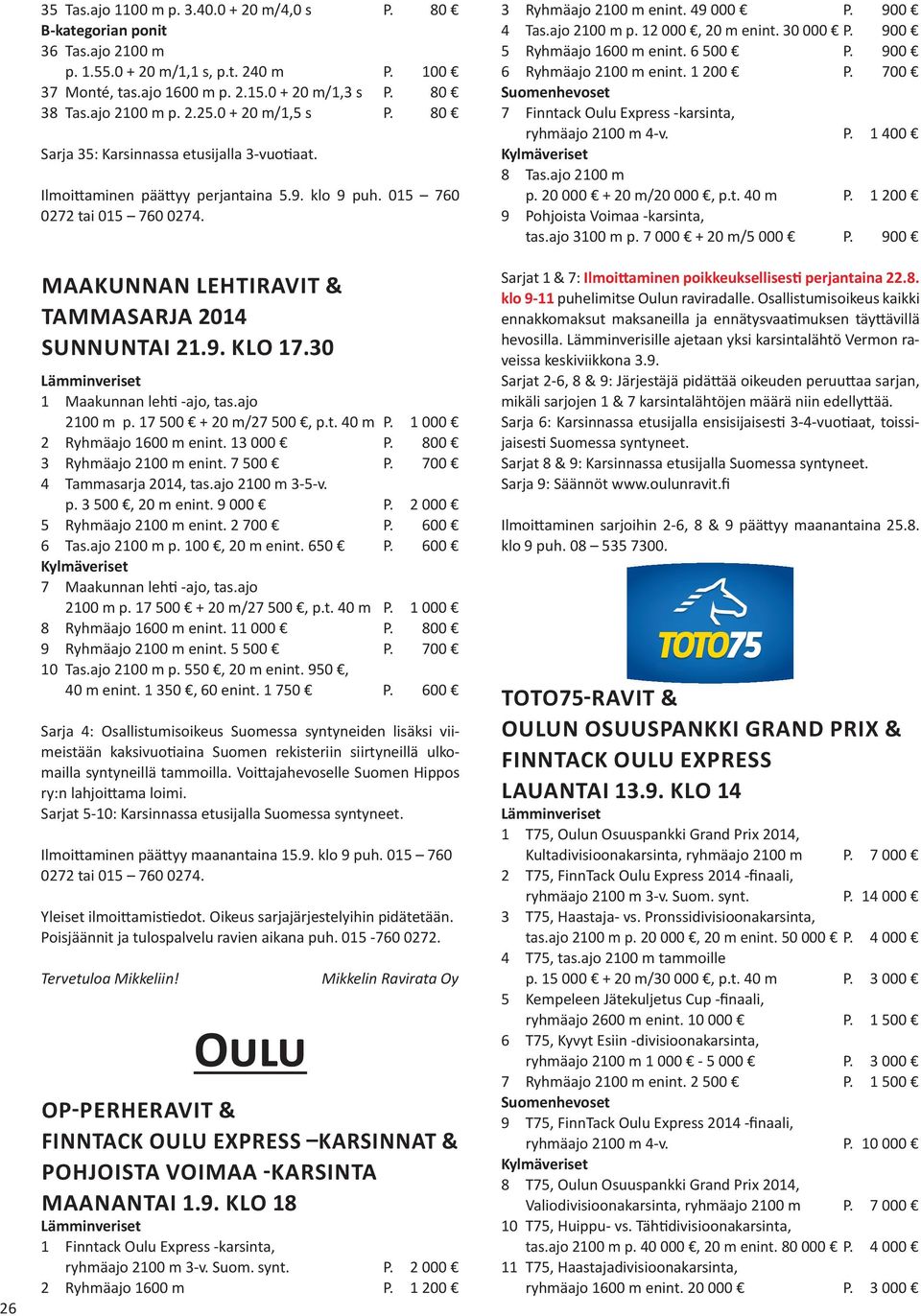 MAAKUNNAN LEHTIRAVIT & TAMMASARJA 2014 SUNNUNTAI 21.9. KLO 17.30 1 Maakunnan lehti -ajo, tas.ajo 2100 m p. 17 500 + 20 m/27 500, p.t. 40 m P. 1 000 2 Ryhmäajo 1600 m enint. 13 000 P.