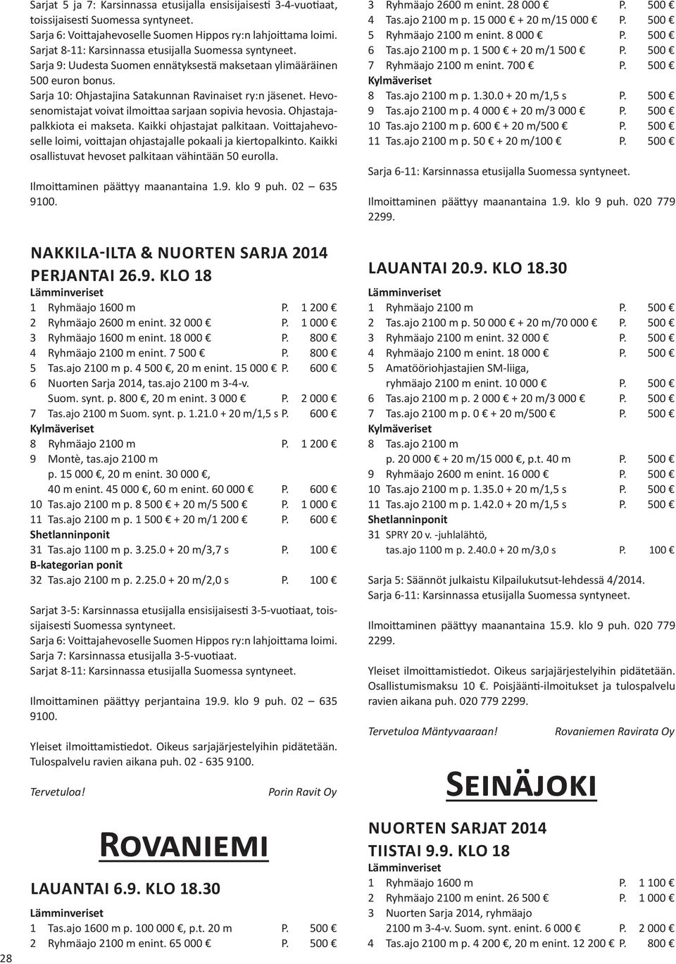 Hevosenomistajat voivat ilmoittaa sarjaan sopivia hevosia. Ohjastajapalkkiota ei makseta. Kaikki ohjastajat palkitaan. Voittajahevoselle loimi, voittajan ohjastajalle pokaali ja kiertopalkinto.