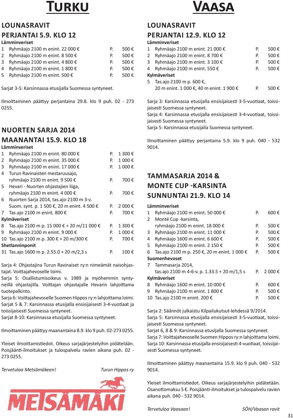 80 000 P. 1 300 2 Ryhmäajo 2100 m enint. 35 000 P. 1 000 3 Ryhmäajo 2100 m enint. 17 000 P. 1 000 4 Turun Ravinaisten mestaruusajo, ryhmäajo 2100 m enint. 9 500 P.