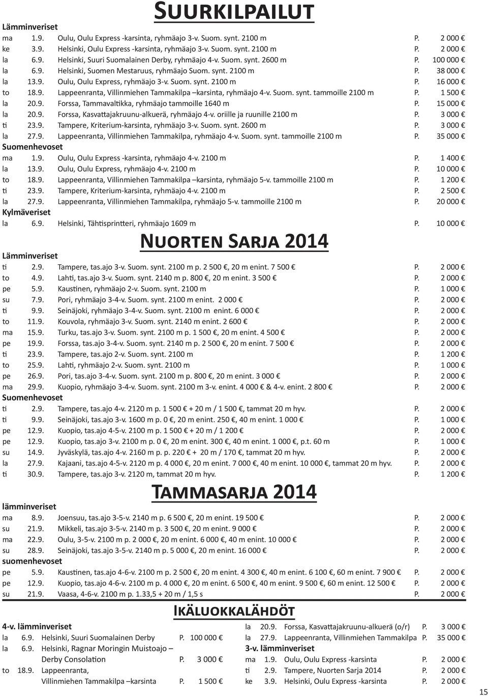 Suom. synt. tammoille 2100 m P. 1 500 la 20.9. Forssa, Tammavaltikka, ryhmäajo tammoille 1640 m P. 15 000 la 20.9. Forssa, Kasvattajakruunu-alkuerä, ryhmäajo 4-v. oriille ja ruunille 2100 m P.