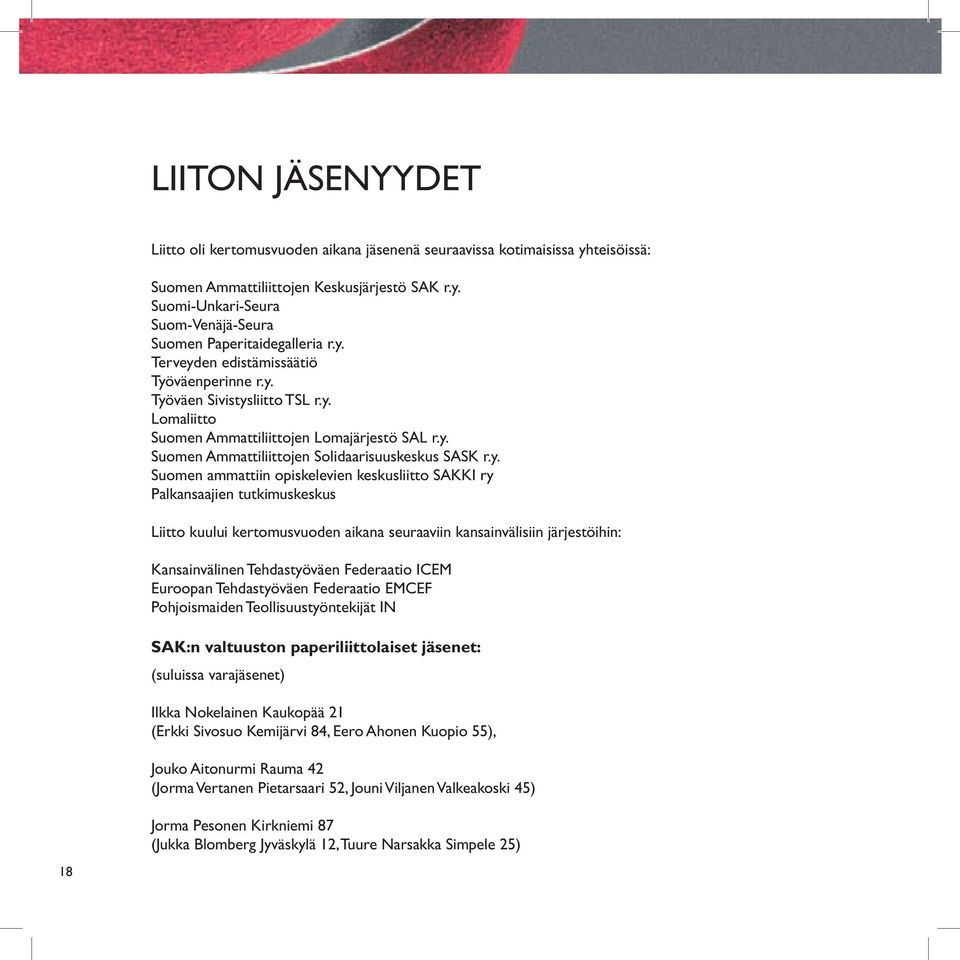 ammattiin opiskelevien keskusliitto SAKKI ry Palkansaajien tutkimuskeskus Liitto kuului kertomusvuoden aikana seuraaviin kansainvälisiin järjestöihin: Kansainvälinen Tehdastyöväen Federaatio ICEM