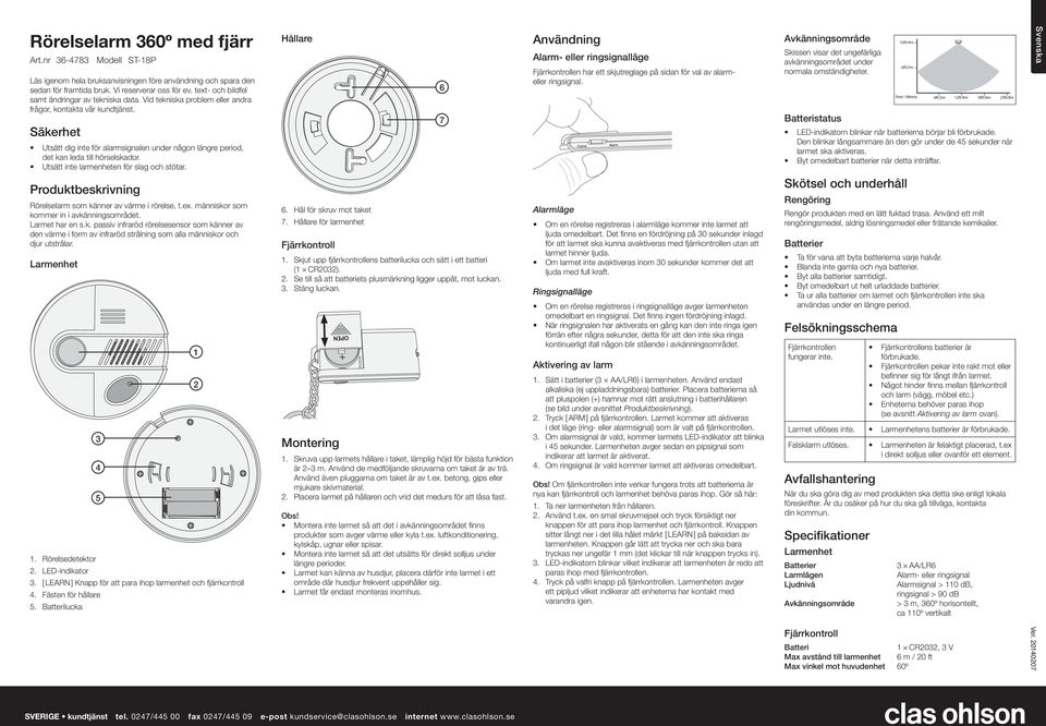 Säkerhet Utsätt dig inte för alarmsignalen under någon längre period, det kan leda till hörselskador. Utsätt inte larmenheten för slag och stötar.