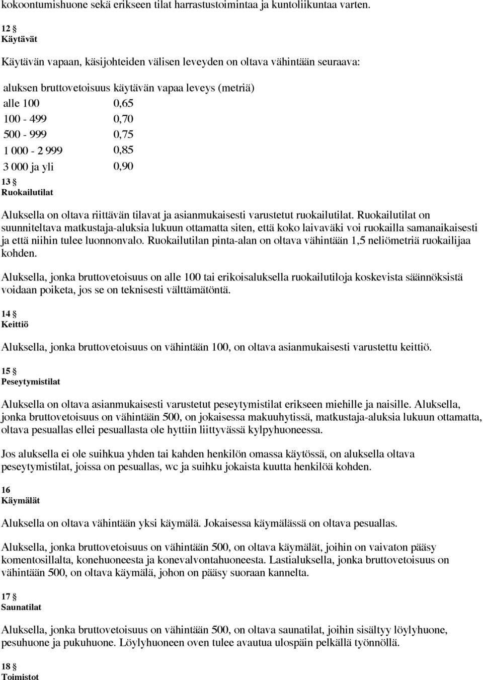 0,85 3 000 ja yli 0,90 13 Ruokailutilat Aluksella on oltava riittävän tilavat ja asianmukaisesti varustetut ruokailutilat.