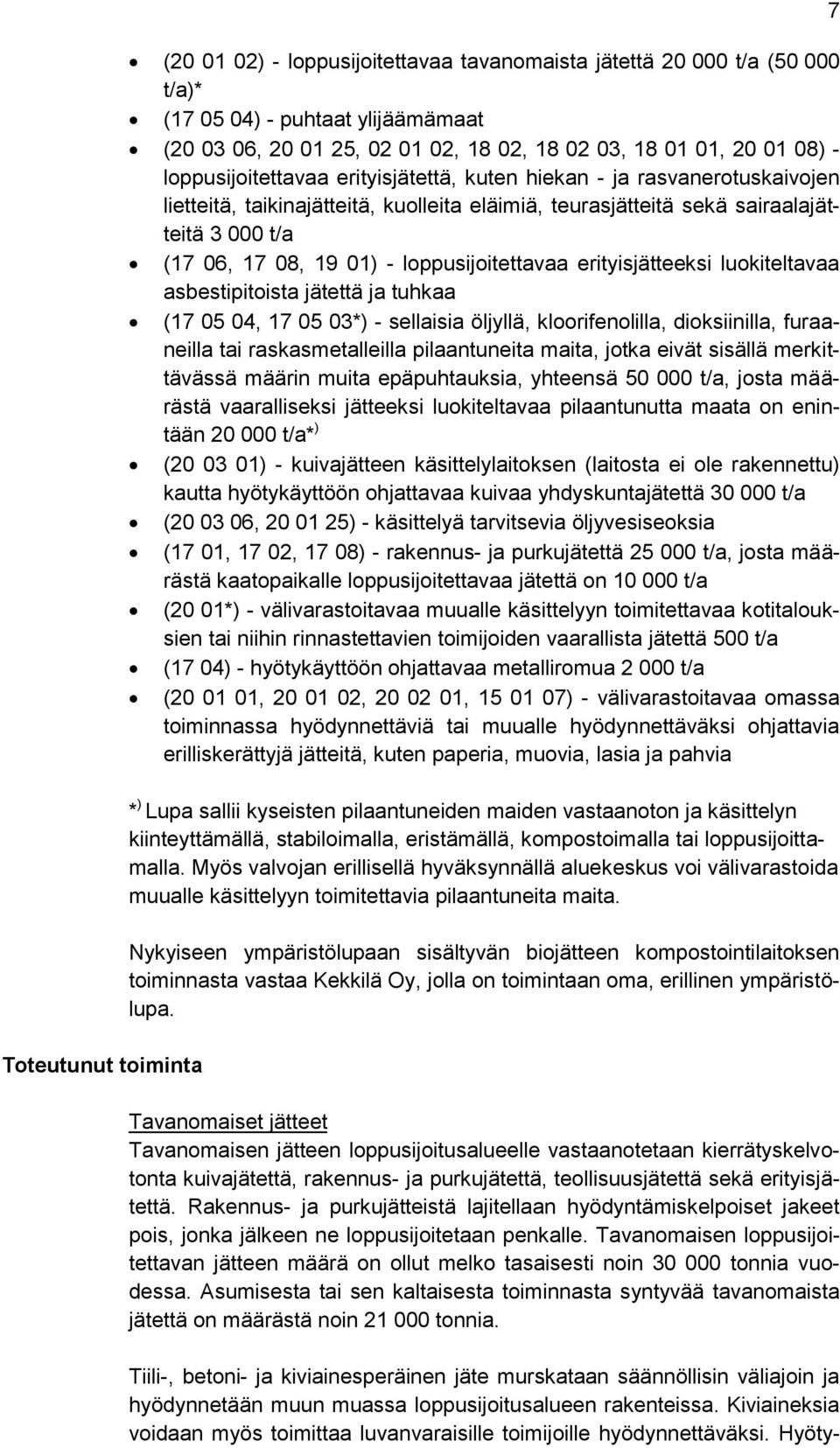 loppusijoitettavaa erityisjätteeksi luokiteltavaa asbestipitoista jätettä ja tuhkaa (17 05 04, 17 05 03*) - sellaisia öljyllä, kloorifenolilla, dioksiinilla, furaaneilla tai raskasmetalleilla
