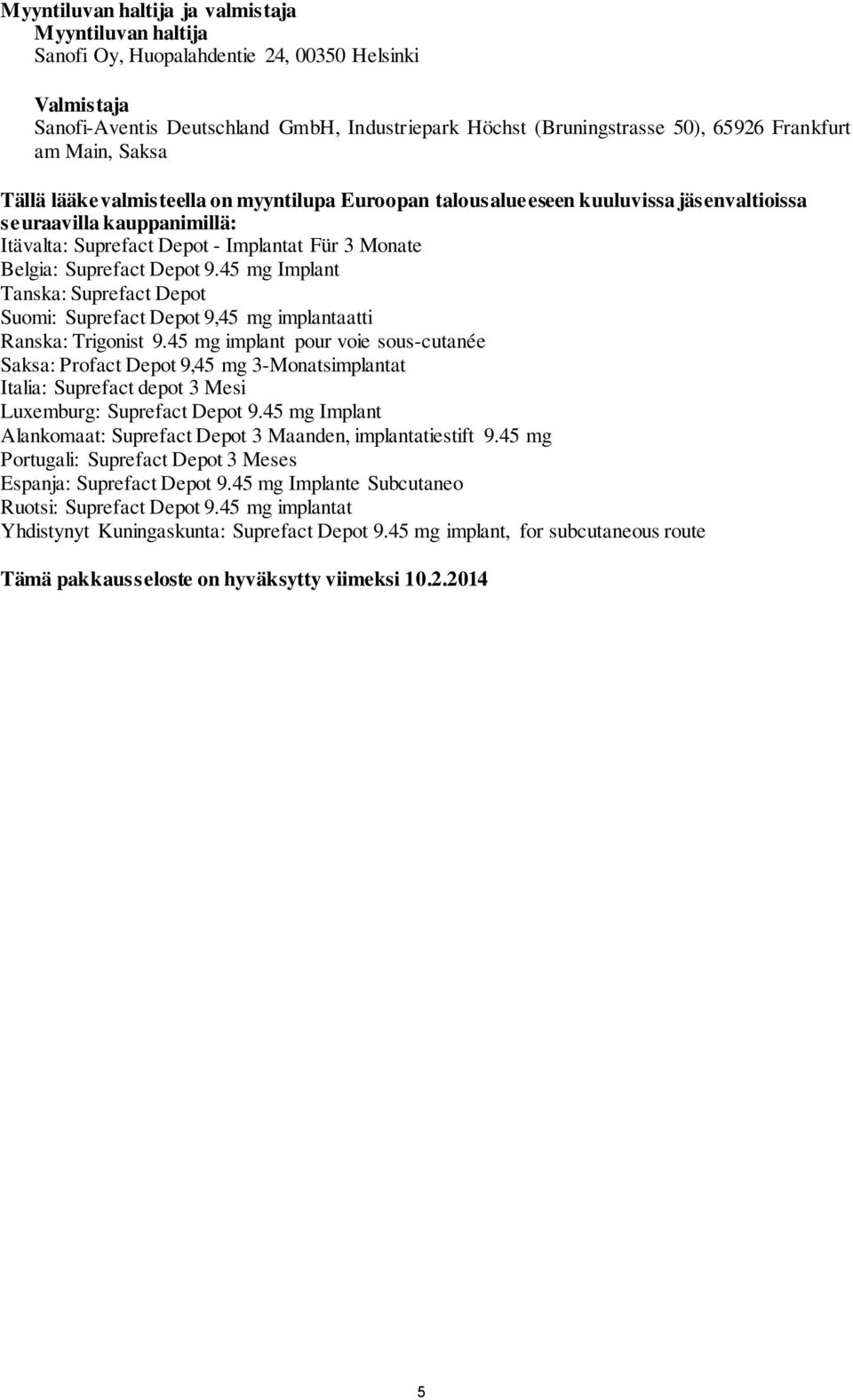 Belgia: Suprefact Depot 9.45 mg Implant Tanska: Suprefact Depot Suomi: Suprefact Depot 9,45 mg implantaatti Ranska: Trigonist 9.