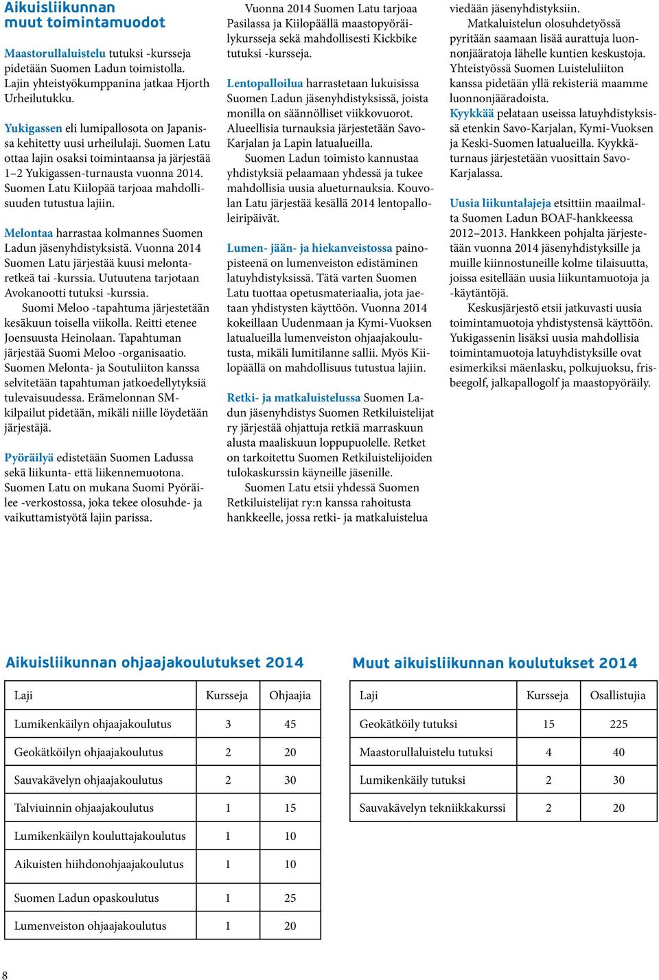 Suomen Latu Kiilopää tarjoaa mahdollisuuden tutustua lajiin. Melontaa harrastaa kolmannes Suomen Ladun jäsenyhdistyksistä. Vuonna 2014 Suomen Latu järjestää kuusi melontaretkeä tai -kurssia.