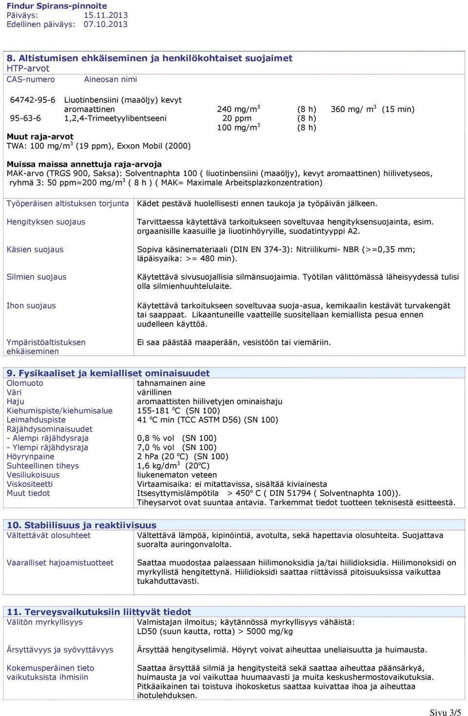 liuotinbensiini (maaöljy), kevyt aromaattinen) hiilivetyseos, ryhmä : 50 ppm=200 mg/m ( 8 h ) ( MAK= Maximale Arbeitsplazkonzentration) Työperäisen altistuksen torjunta Hengityksen suojaus Käsien