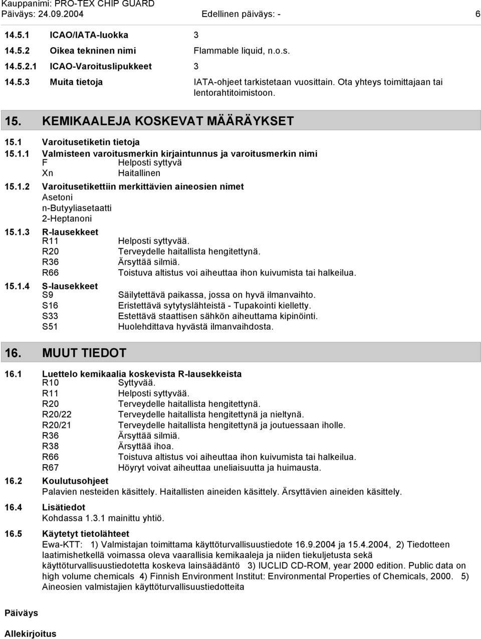 1.2 Varoitusetikettiin merkittävien aineosien nimet Asetoni n-butyyliasetaatti 2-Heptanoni 15.1.3 R-lausekkeet R11 R20 R36 R66 15.1.4 S-lausekkeet S9 S16 S33 S51 16. MUUT TIEDOT Helposti syttyvää.