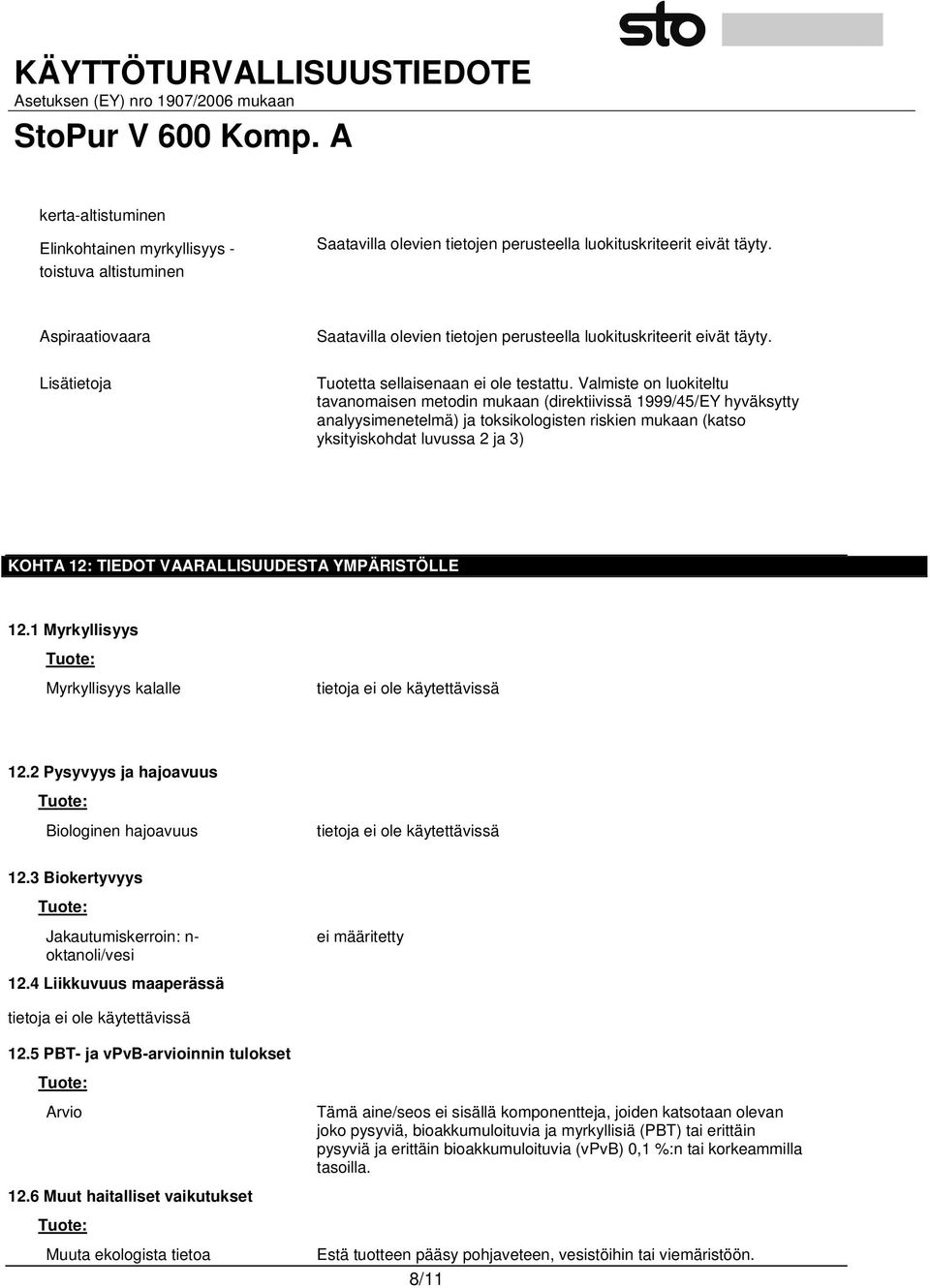 VAARALLISUUDESTA YMPÄRISTÖLLE 12.1 Myrkyllisyys Tuote: Myrkyllisyys kalalle 12.2 Pysyvyys ja hajoavuus Tuote: Biologinen hajoavuus 12.