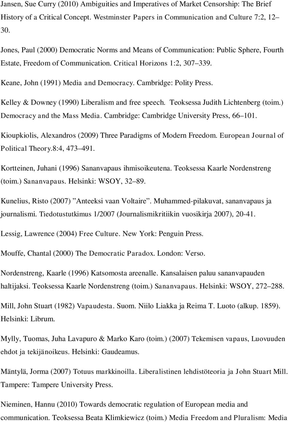 Cambridge: Polity Press. Kelley & Downey (1990) Liberalism and free speech. Teoksessa Judith Lichtenberg (toim.) Democracy and the Mass Media. Cambridge: Cambridge University Press, 66 101.