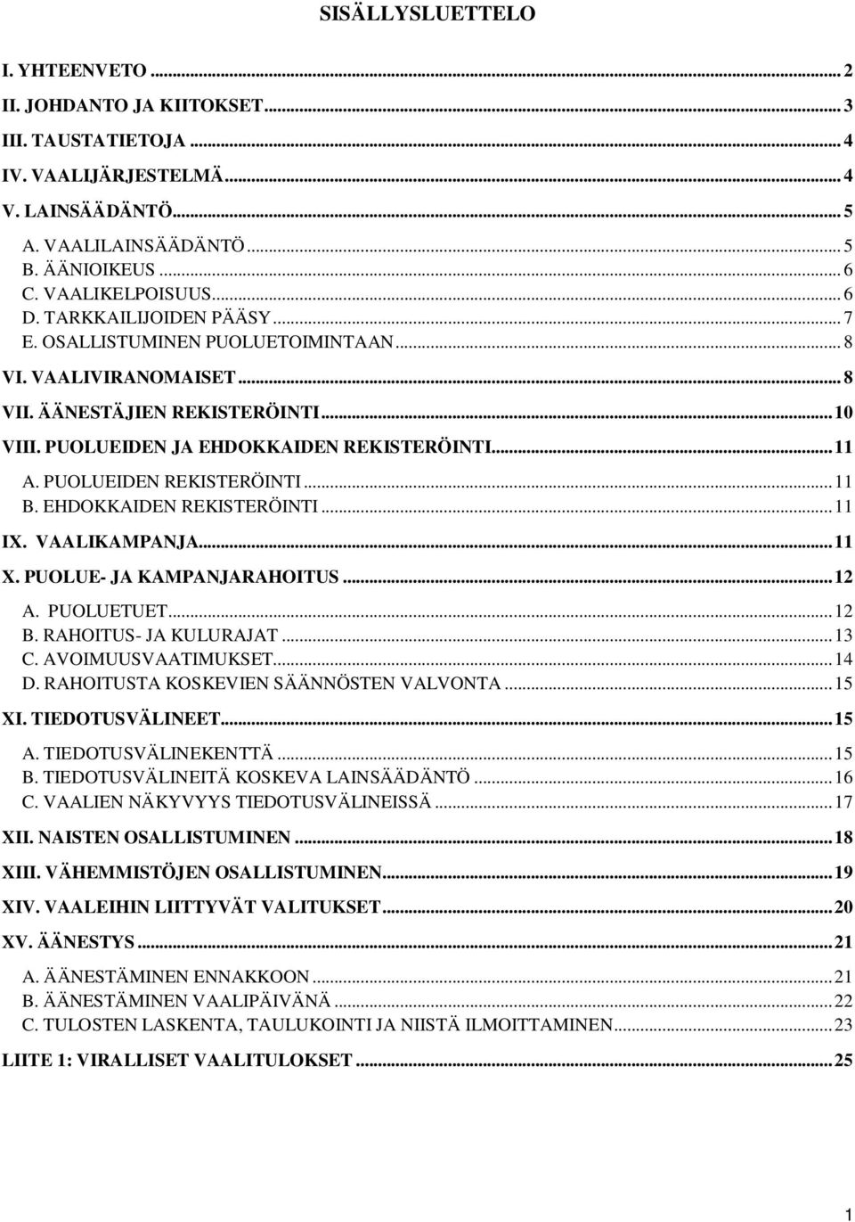 ..11 A. PUOLUEIDEN REKISTERÖINTI...11 B. EHDOKKAIDEN REKISTERÖINTI...11 IX. VAALIKAMPANJA...11 X. PUOLUE- JA KAMPANJARAHOITUS...12 A. PUOLUETUET...12 B. RAHOITUS- JA KULURAJAT...13 C.