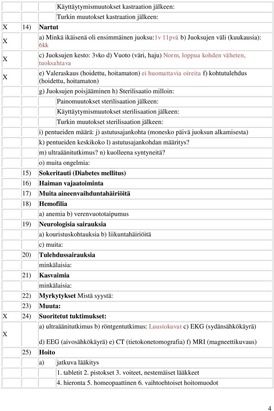 Sterilisaatio milloin: Painomuutokset sterilisaation jälkeen: Käyttäytymismuutokset sterilisaation jälkeen: Turkin muutokset sterilisaation jälkeen: i) pentueiden määrä: j) astutusajankohta (monesko