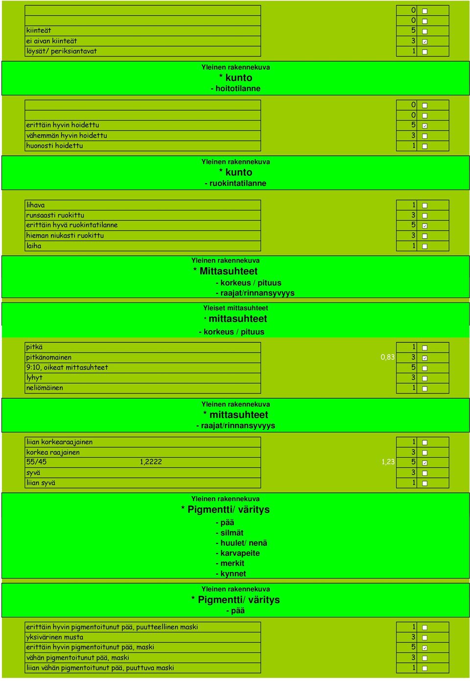 pitkänomainen 0,8 9:0, oikeat mittasuhteet 0,8 lyhyt 0,8 neliömäinen 0,8 * mittasuhteet - raajat/rinnansyvyys liian korkearaajainen,2 korkea raajainen,44467,4666667,208 /4,2222,000000,44444,2