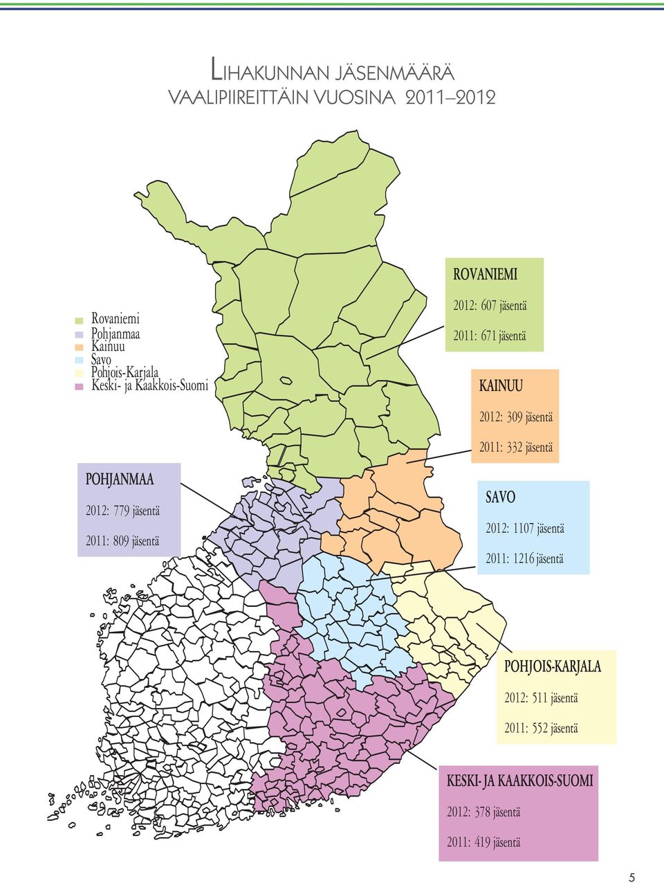 jäsentä 2011: 671 jäsentä KAINUU 2012: 309 jäsentä 2011: 332 jäsentä SAVO 2012: 1107 jäsentä 2011: 1216