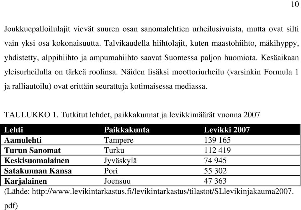 Näiden lisäksi moottoriurheilu (varsinkin Formula 1 ja ralliautoilu) ovat erittäin seurattuja kotimaisessa mediassa. TAULUKKO 1.