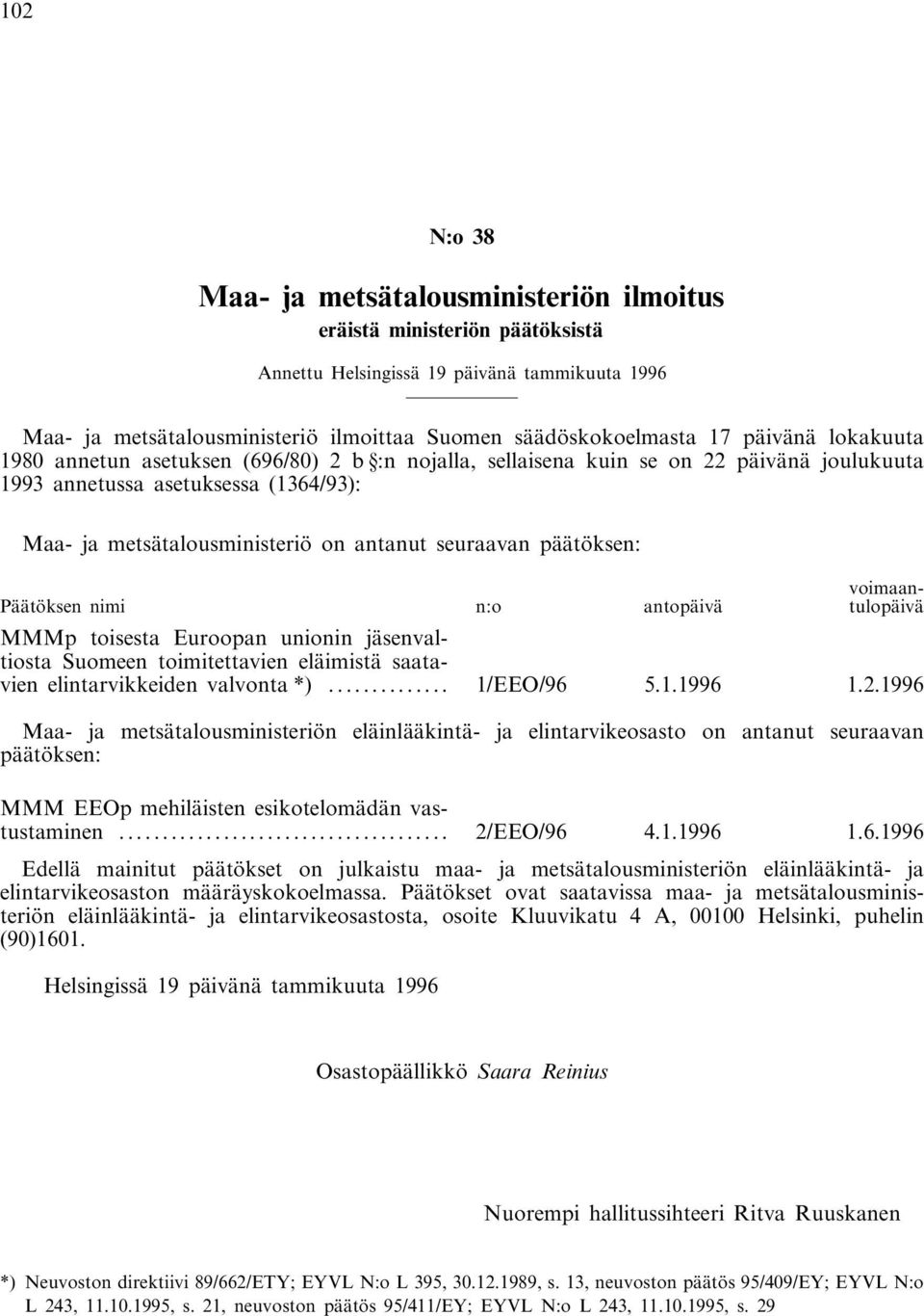 päätöksen: Päätöksen nimi n:o antopäivä voimaantulopäivä MMMp toisesta Euroopan unionin jäsenvaltiosta Suomeen toimitettavien eläimistä saatavien elintarvikkeiden valvonta *)... 1/EEO/96 5.1.1996 1.2.