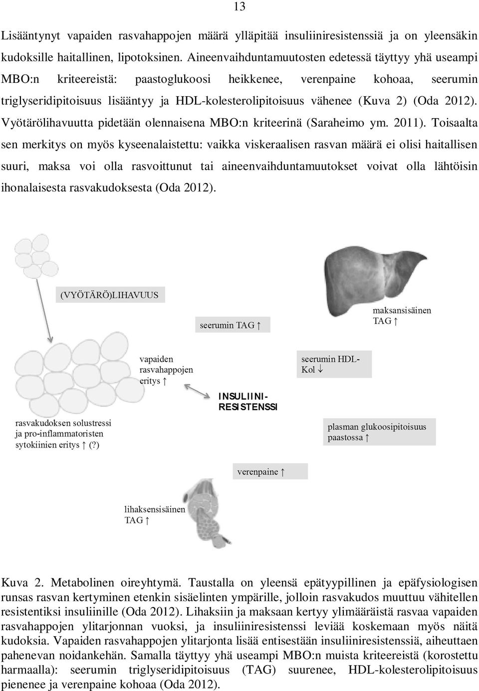 (Kuva 2) (Oda 2012). Vyötärölihavuutta pidetään olennaisena MBO:n kriteerinä (Saraheimo ym. 2011).