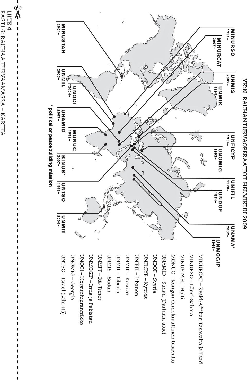 UNFICYP Kypros UNIFIL Libanon UNMIK Kosovo UNMIL Liberia UNMIS Sudan UNMIT Itä-Timor UNMOGIP Intia ja Pakistan MINUSTAH UNMIL 2003 UNOCI UNAMID MONUC BINUB*
