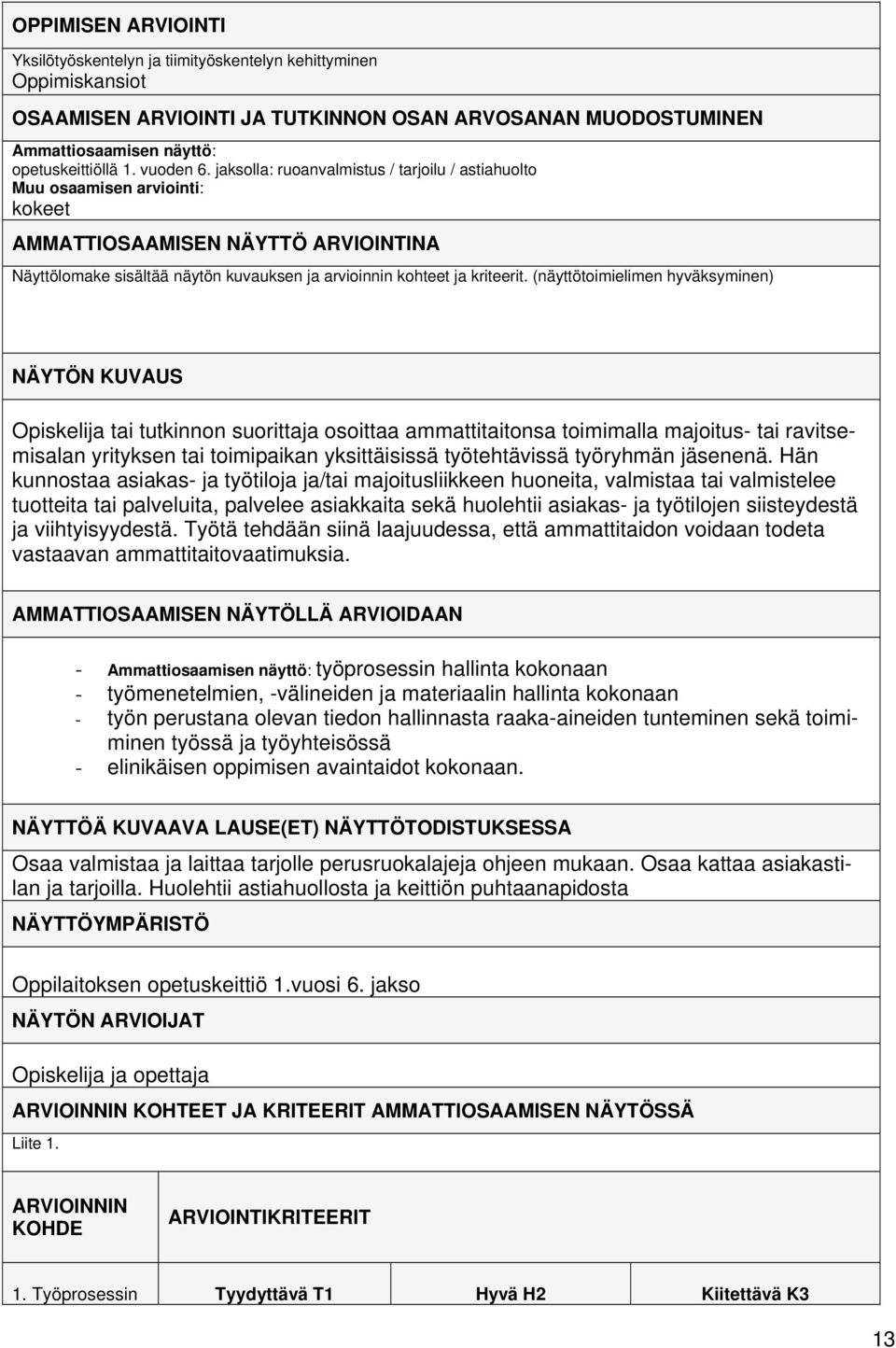 jaksolla: ruoanvalmistus / tarjoilu / astiahuolto Muu osaamisen arviointi: kokeet AMMATTIOSAAMISEN NÄYTTÖ ARVIOINTINA Näyttölomake sisältää näytön kuvauksen ja arvioinnin kohteet ja kriteerit.