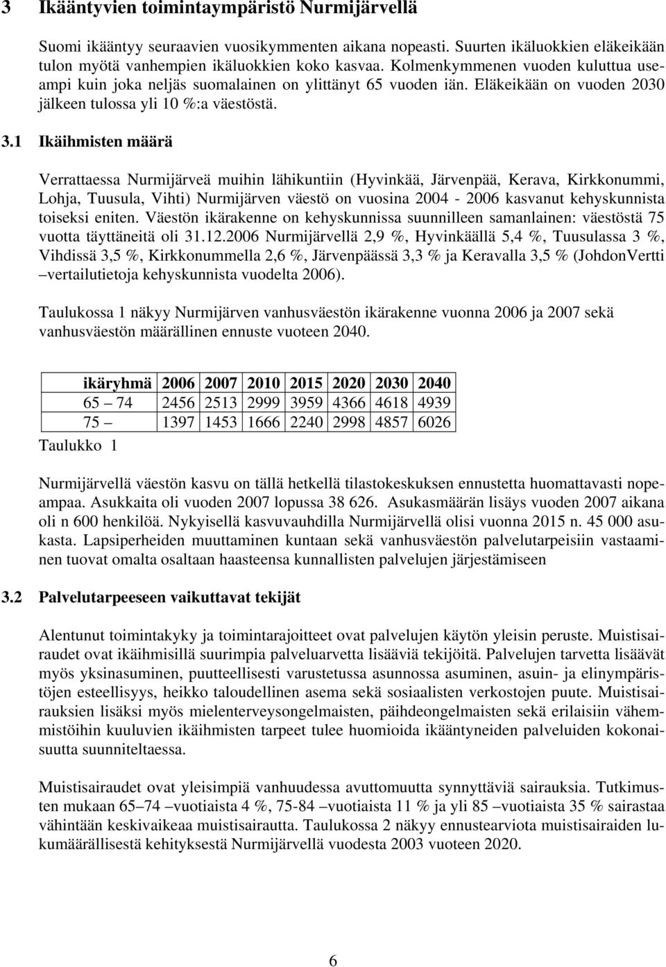 1 Ikäihmisten määrä Verrattaessa Nurmijärveä muihin lähikuntiin (Hyvinkää, Järvenpää, Kerava, Kirkkonummi, Lohja, Tuusula, Vihti) Nurmijärven väestö on vuosina 2004-2006 kasvanut kehyskunnista