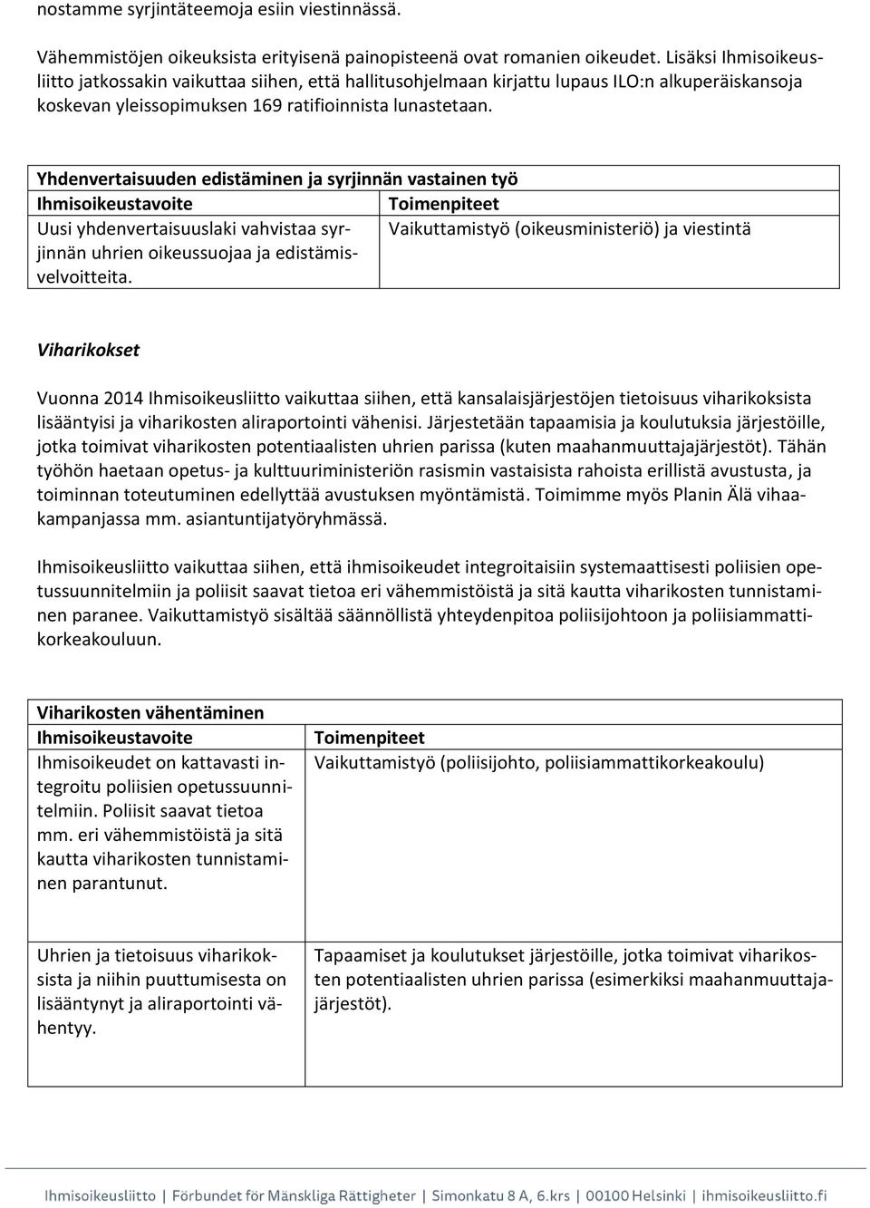 Yhdenvertaisuuden edistäminen ja syrjinnän vastainen työ Ihmisoikeustavoite Toimenpiteet Uusi yhdenvertaisuuslaki vahvistaa syrjinnän uhrien oikeussuojaa ja edistämis- Vaikuttamistyö