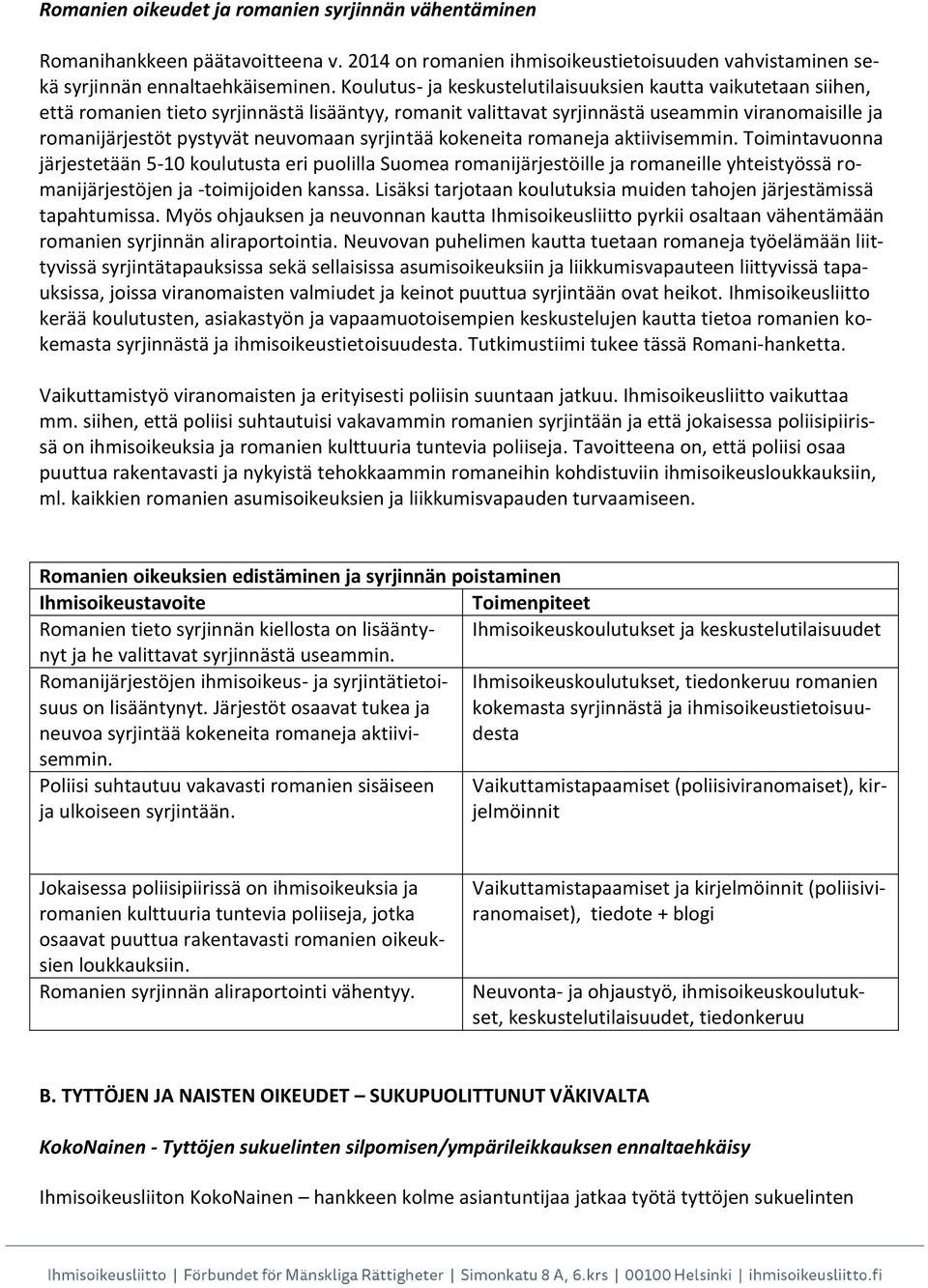 syrjintää kokeneita romaneja aktiivisemmin. Toimintavuonna järjestetään 5-10 koulutusta eri puolilla Suomea romanijärjestöille ja romaneille yhteistyössä romanijärjestöjen ja -toimijoiden kanssa.