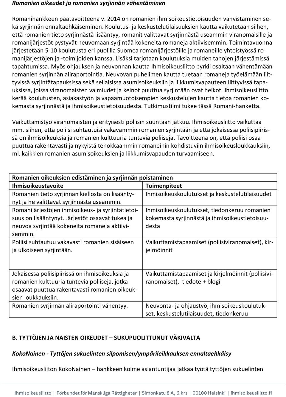 syrjintää kokeneita romaneja aktiivisemmin. Toimintavuonna järjestetään 5-10 koulutusta eri puolilla Suomea romanijärjestöille ja romaneille yhteistyössä romanijärjestöjen ja -toimijoiden kanssa.