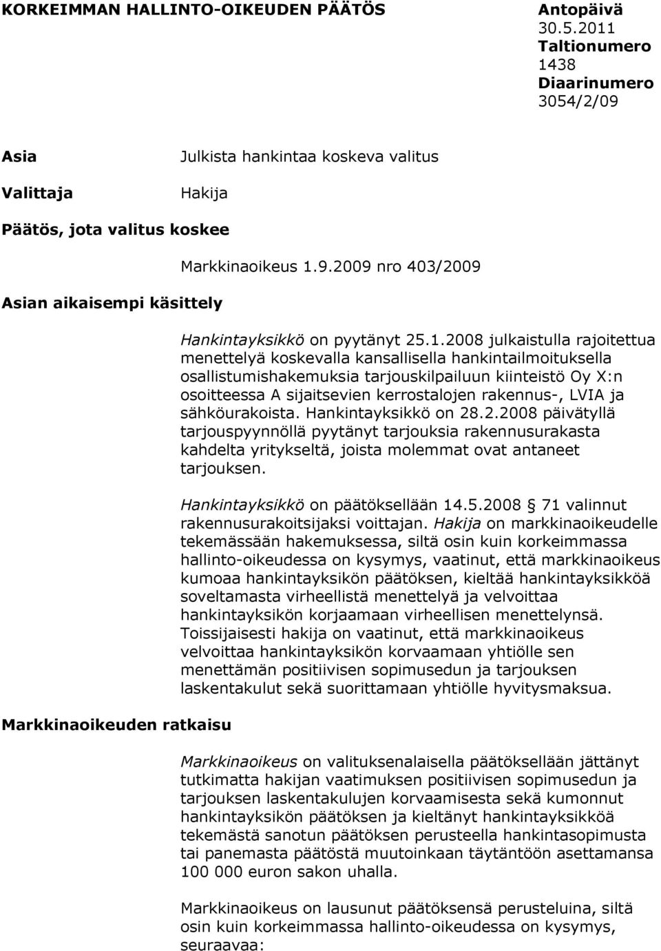 1.9.2009 nro 403/2009 Hankintayksikkö on pyytänyt 25.1.2008 julkaistulla rajoitettua menettelyä koskevalla kansallisella hankintailmoituksella osallistumishakemuksia tarjouskilpailuun kiinteistö Oy