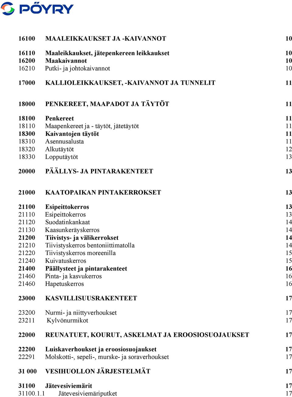 20000 PÄÄLLYS- JA PINTARAKENTEET 13 21000 KAATOPAIKAN PINTAKERROKSET 13 21100 Esipeittokerros 13 21110 Esipeittokerros 13 21120 Suodatinkankaat 14 21130 Kaasunkeräyskerros 14 21200 Tiivistys- ja