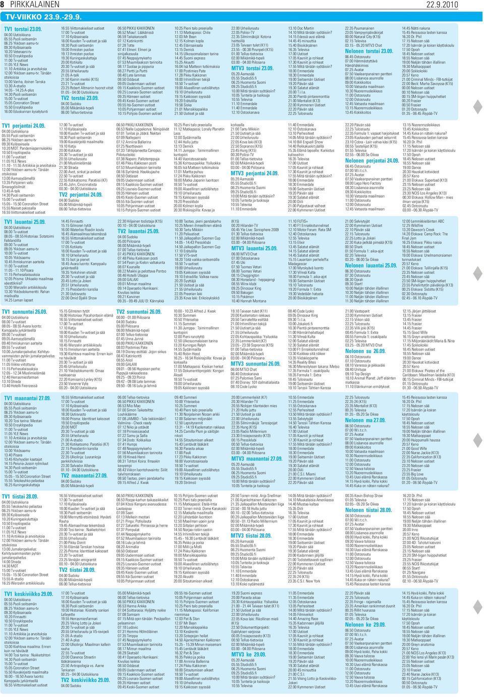 50 Ensyklopedia 16.00 Eduskunnan kyselytunti 17.00 Tv-uutiset 17.10 Kyläsairaala 18.30 Puoli seitsemän 19.00 Ihmisten puolue 19.13 Ihmisten puolue 19.30 Kuningaskuluttaja 20.00 Kotikatu 20.