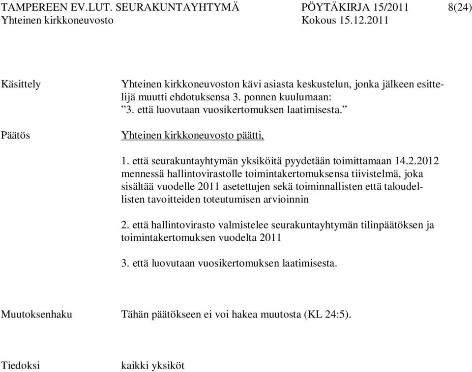 2012 mennessä hallintovirastolle toimintakertomuksensa tiivistelmä, joka sisältää vuodelle 2011 asetettujen sekä toiminnallisten että taloudellisten tavoitteiden toteutumisen arvioinnin 2.