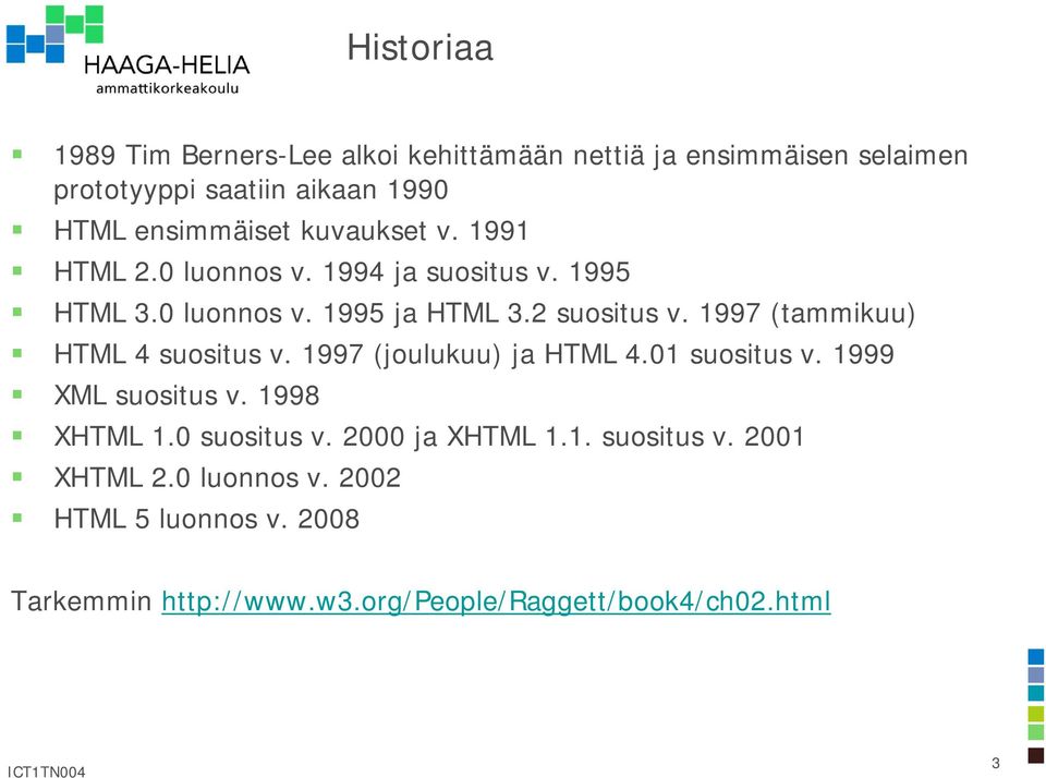 1997 (tammikuu) HTML 4 suositus v. 1997 (joulukuu) ja HTML 4.01 suositus v. 1999 XML suositus v. 1998 XHTML 1.0 suositus v.