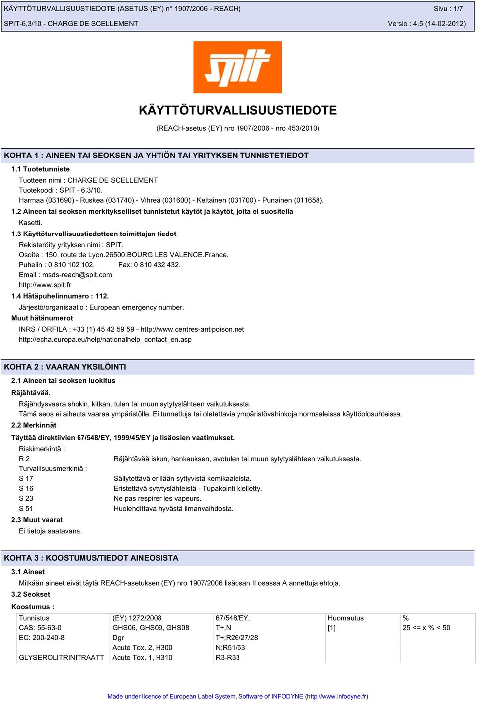 2 Aineen tai seoksen merkitykselliset tunnistetut käytöt ja käytöt, joita ei suositella Kasetti. 1.3 Käyttöturvallisuustiedotteen toimittajan tiedot Rekisteröity yrityksen nimi : SPIT.