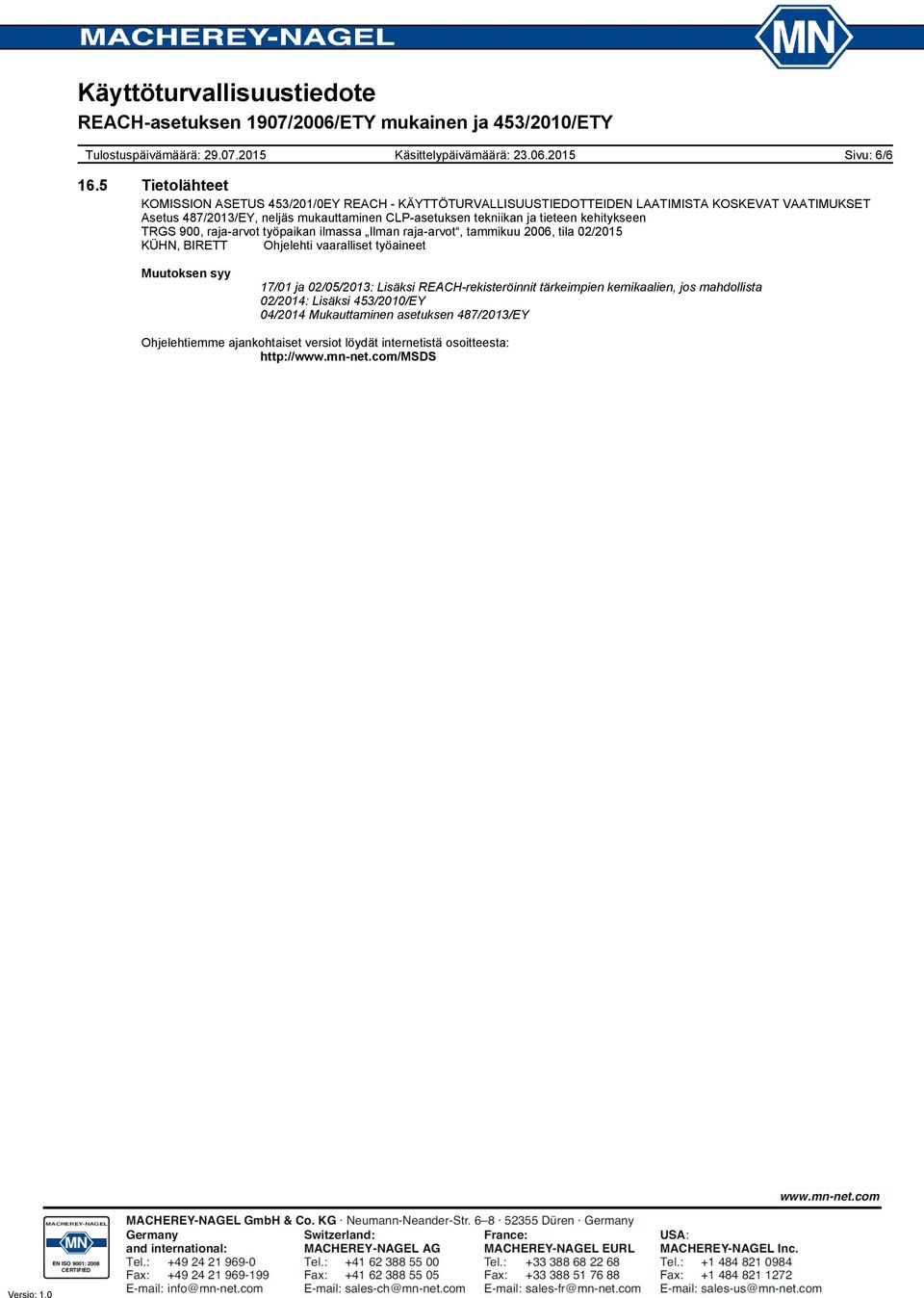 mukauttaminen CLPasetuksen tekniikan ja tieteen kehitykseen TRGS 900, rajaarvot työpaikan ilmassa Ilman rajaarvot, tammikuu 2006, tila 02/2015 KÜHN,