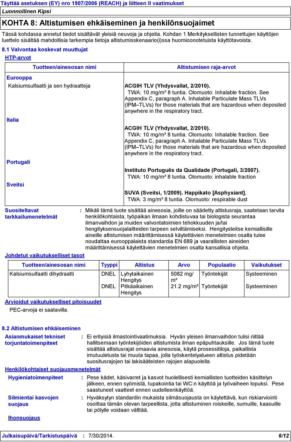 1 Valvontaa koskevat muuttujat HTParvot Eurooppa Suositeltavat tarkkailumenetelmät Tuotteen/ainesosan nimi Altistumisen rajaarvot Kalsiumsulfaatti ja sen hydraatteja ACGIH TLV (Yhdysvallat, 2/2010).