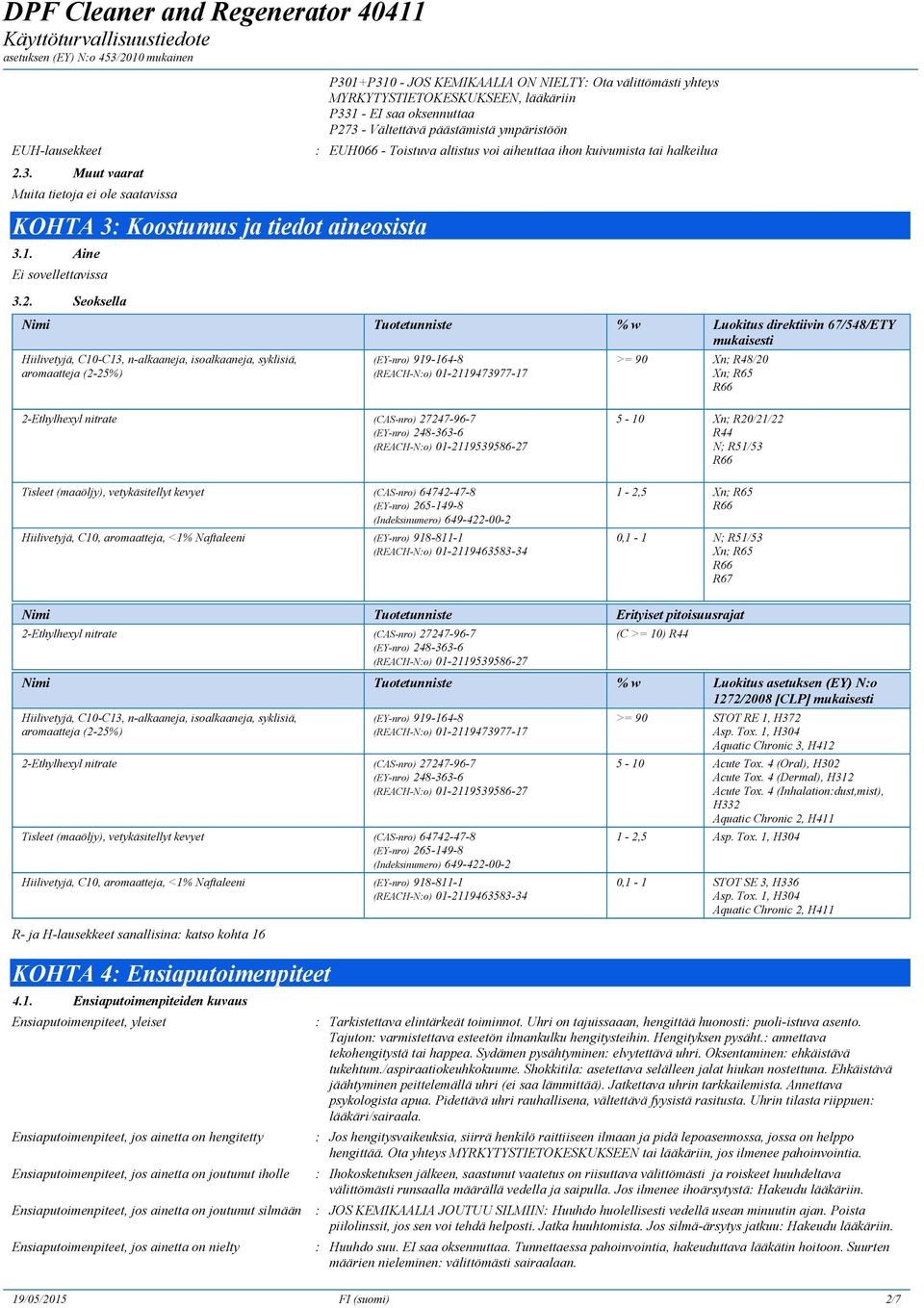 Seoksella P301+P310 - JOS KEMIKAALIA ON NIELTY: Ota välittömästi yhteys MYRKYTYSTIETOKESKUKSEEN, lääkäriin P331 - EI saa oksennuttaa P273 - Vältettävä päästämistä ympäristöön : EUH066 - Toistuva
