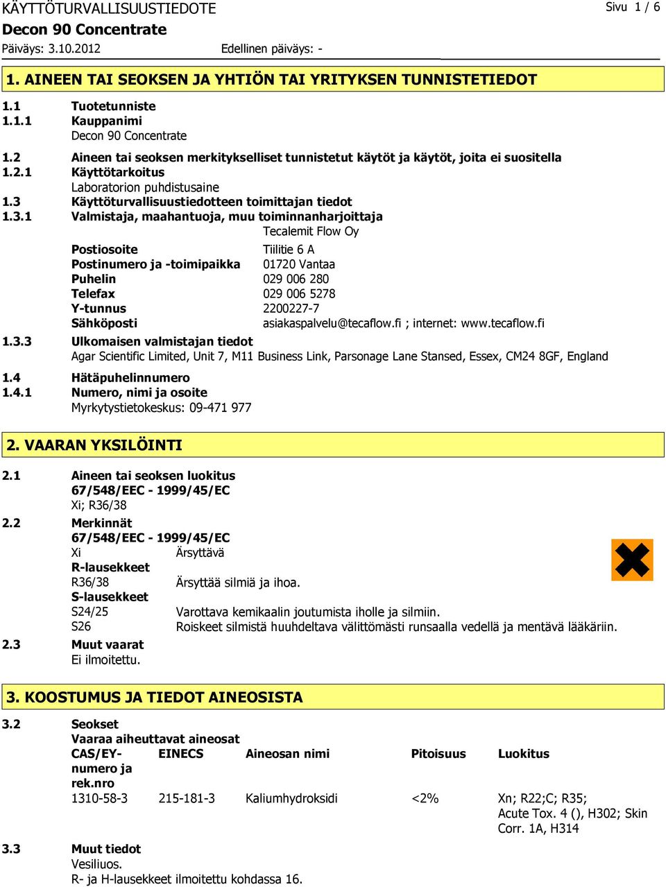 Käyttöturvallisuustiedotteen toimittajan tiedot 1.3.