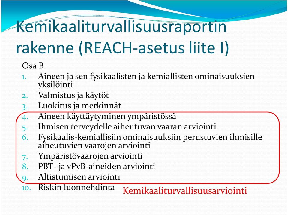 Aineen käyttäytyminen ympäristössä 5. Ihmisen terveydelle aiheutuvan vaaran arviointi 6.