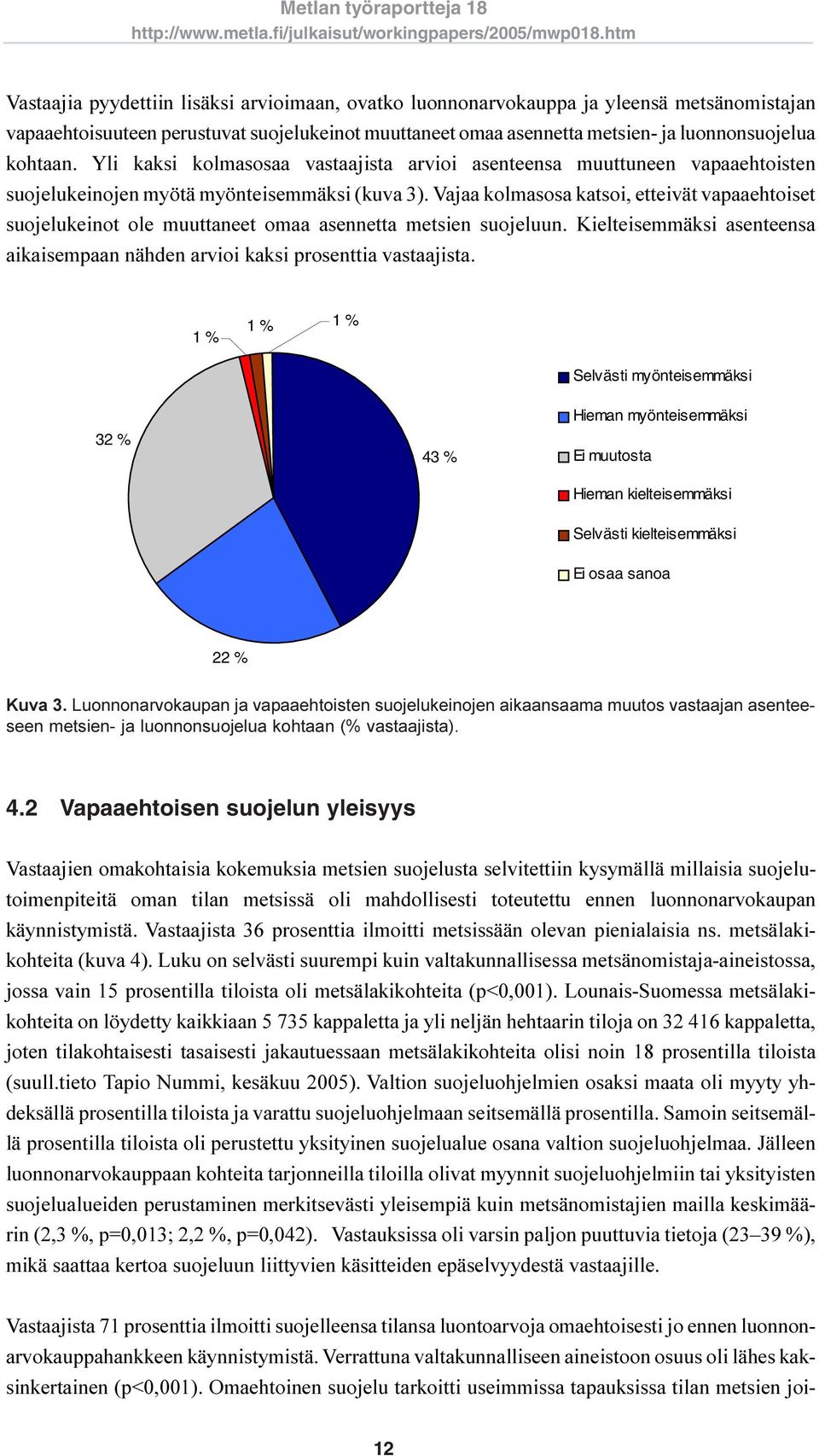 Vajaa kolmasosa katsoi, etteivät vapaaehtoiset suojelukeinot ole muuttaneet omaa asennetta metsien suojeluun. Kielteisemmäksi asenteensa aikaisempaan nähden arvioi kaksi prosenttia vastaajista.