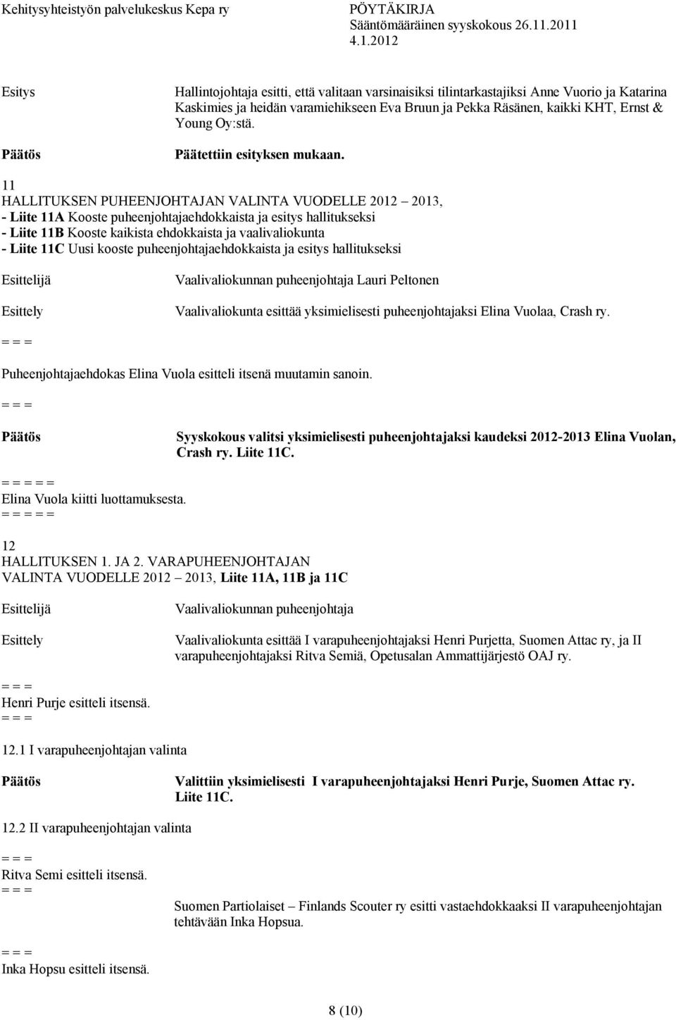 11 HALLITUKSEN PUHEENJOHTAJAN VALINTA VUODELLE 2012 2013, - Liite 11A Kooste puheenjohtajaehdokkaista ja esitys hallitukseksi - Liite 11B Kooste kaikista ehdokkaista ja vaalivaliokunta - Liite 11C