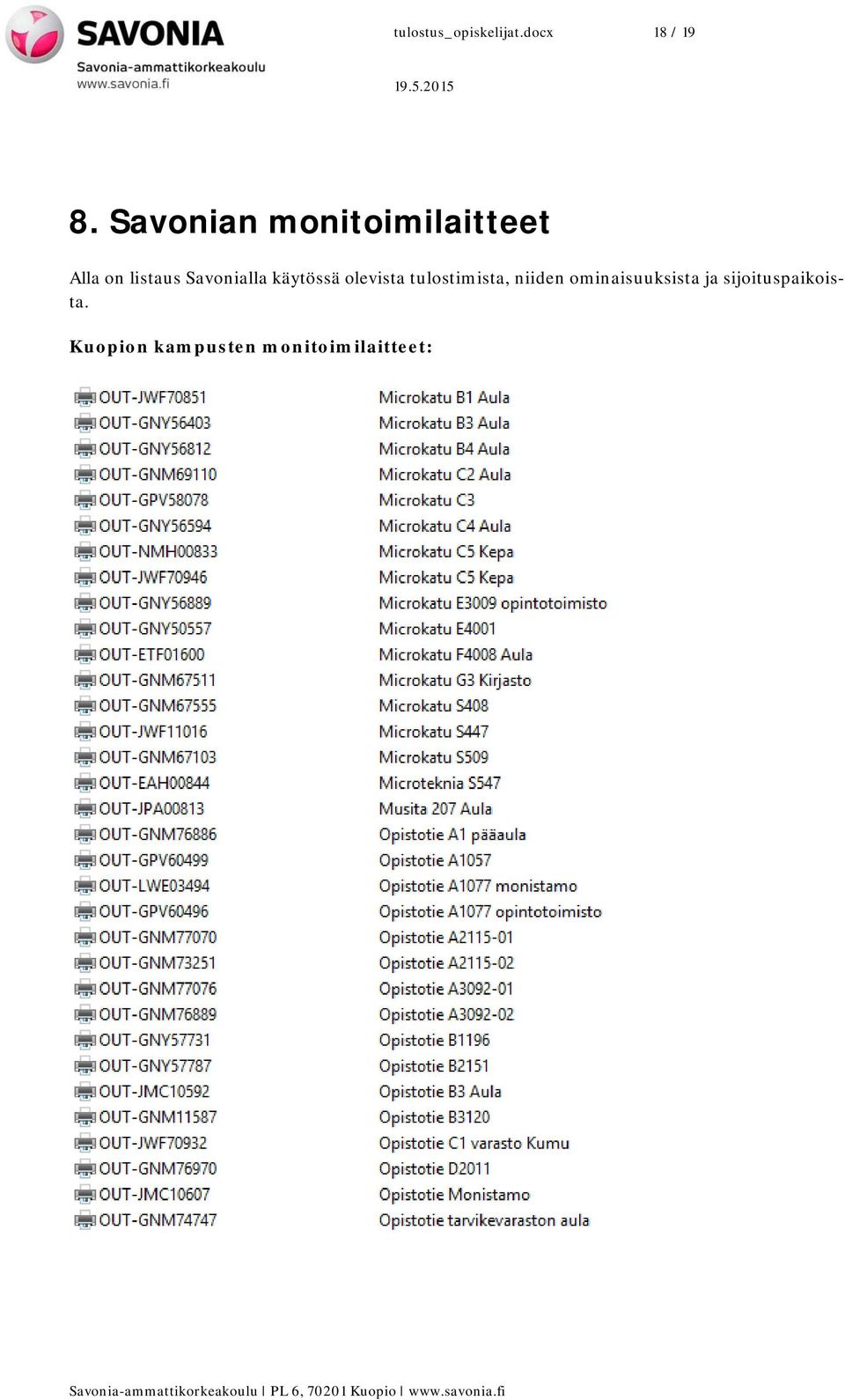 Savonialla käytössä olevista tulostimista, niiden