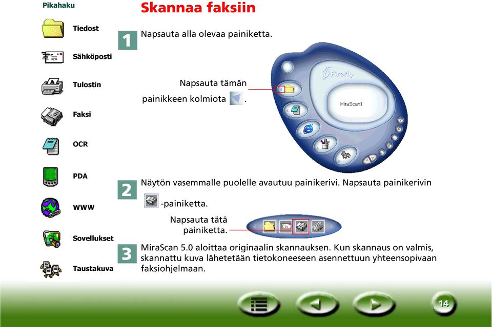 Faksi OCR PDA WWW Sovellukset Taustakuva Näytön vasemmalle puolelle avautuu painikerivi.