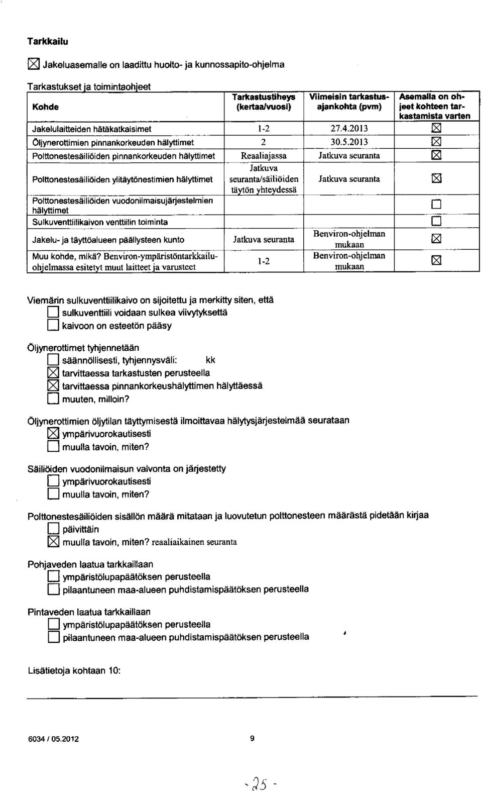 2013 Polttonestesäiliöiden pinnankorkeuden hälyttimet Reaaliajassa Jatkuva seuranta Jatkuva Polttonestesäiliöiden ylitäytönestimien hälyttimet seurantal säiliöiden Jatkuva seuranta tä ön yhteydessä