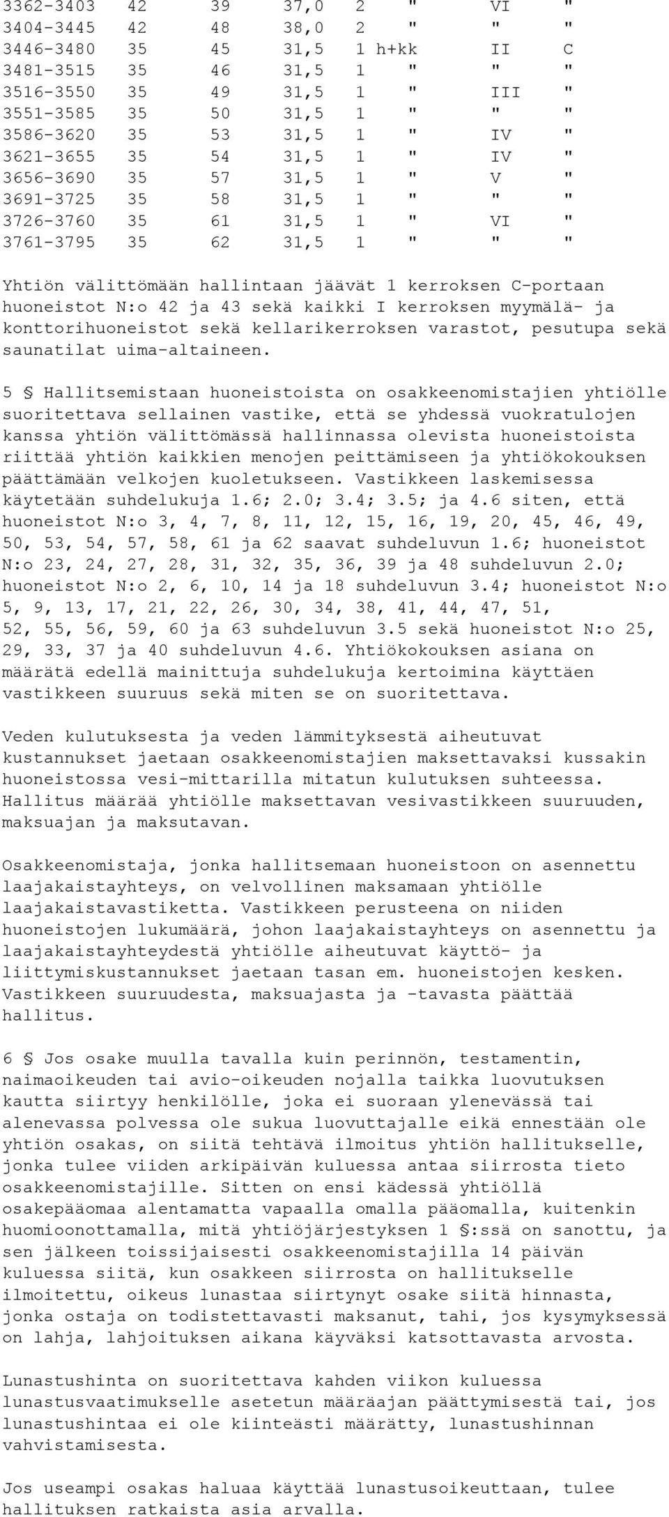 kerroksen C-portaan huoneistot N:o 42 ja 43 sekä kaikki I kerroksen myymälä- ja konttorihuoneistot sekä kellarikerroksen varastot, pesutupa sekä saunatilat uima-altaineen.