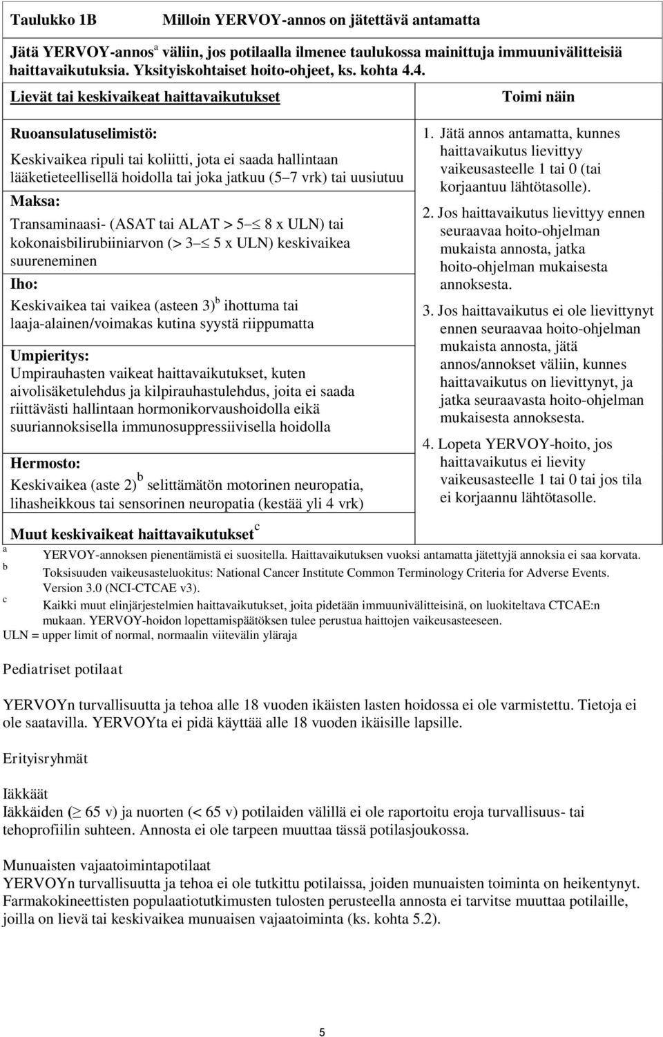 4. Lievät tai keskivaikeat haittavaikutukset Ruoansulatuselimistö: Keskivaikea ripuli tai koliitti, jota ei saada hallintaan lääketieteellisellä hoidolla tai joka jatkuu (5 7 vrk) tai uusiutuu Maksa: