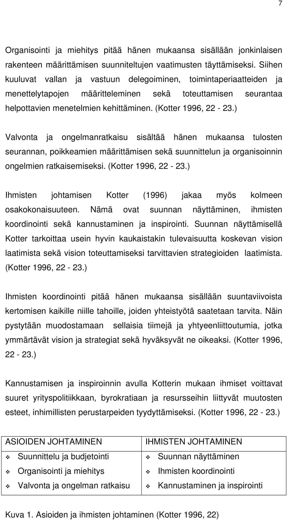 ) Valvonta ja ongelmanratkaisu sisältää hänen mukaansa tulosten seurannan, poikkeamien määrittämisen sekä suunnittelun ja organisoinnin ongelmien ratkaisemiseksi. (Kotter 1996, 22-23.